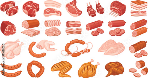 Large meat collection vector set featuring beef, pork, chicken, sausages, and steaks in detailed butcher style illustration