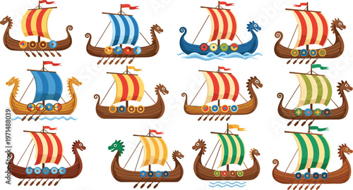 Viking longship vector set featuring colorful medieval boats with dragon heads and sails in cartoon historical illustration style