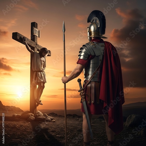 Roman centurion standing before Jesus on the cross. Dramatic biblical crucifixion scene at sunset with ancient armor, spear, and rugged hillside. Historical religious reenactment for faith and
