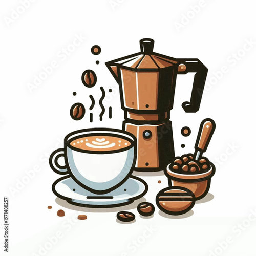 A stylized illustration of coffee elements including a moka pot cup saucer and beans