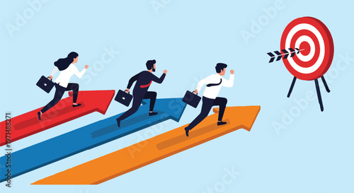 Business people running on arrows to target, goal oriented, success, motivation, vector illustration