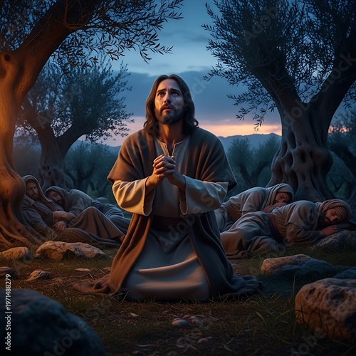 A man, Jesus Christ, praying in Gethsemane garden with his disciples sleeping in background. Passion Thursday, biblical story concept.