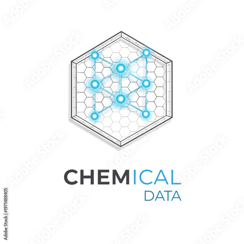 Hexagonal Grid Network with Glowing Blue Interconnections and "Chemical Data" Text on Isolated White Background