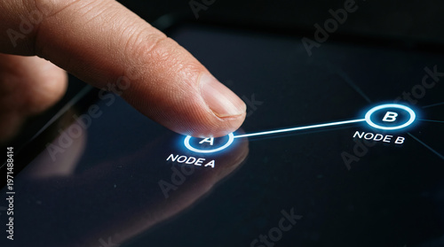 Focused human finger touch digital screen displaying glowing node connection network interface creating an engaged interaction with futuristic modern technology system linking virtual data