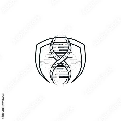 DNA Helix within a Shield with Circuit Board Elements, Symbolizing Genetic Data Security and Protection on Isolated White Background