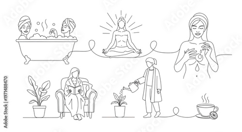 High Quality Black Continuous Line Self-Care Concept – Minimal Wellness & Mindfulness Illustration