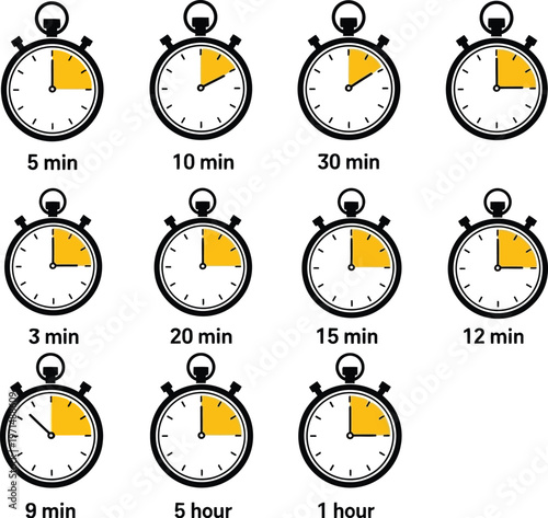 A collection of black and white vector stopwatch illustrations featuring yellow shaded segments indicating various elapsed time intervals, perfect for design projects.