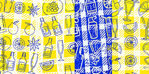 Bright pattern of fruits cocktails and celebratory drinkware