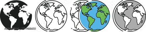 Four unique vector illustrations of planet Earth, depicted as globes in various graphic styles: solid black, outline, full color, and grayscale.
