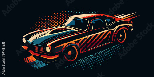 Stylized illustration of a vintage sports car with dynamic speed lines