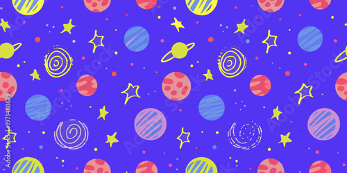 Colorful space pattern featuring planets stars and swirling galaxies