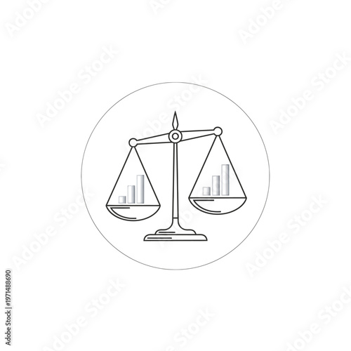 Financial equilibrium balance scale with bar charts icon in circle on isolated white background
