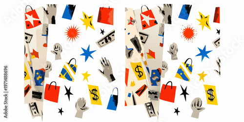 Collage of hands shopping bags stars and money floating on white