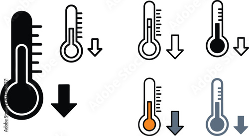A vector graphic illustration showcasing various thermometer icons, each consistently paired with a downward arrow, symbolizing a decrease in temperature or cold conditions.