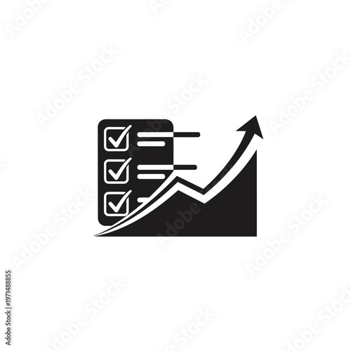 Business checklist and bar chart showing upward growth, isolated white background.