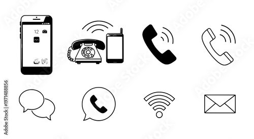 Icons set with communication symbols including mobile phones, rotary telephone, handset, Wi-Fi signal, speech bubbles, and envelope