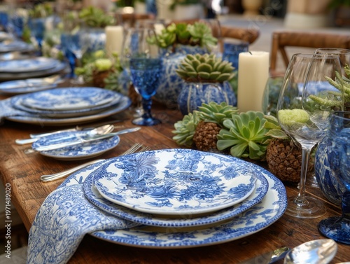 Table Setting With Blue Floral Dishes and Plants Before a Meal in a Restaurant