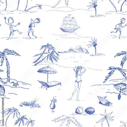 Sea beach with a girl, palm trees, a ship, aborigines in the style of toile de Jouy blue pattern.