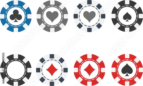 A diverse vector illustration showcasing a vibrant collection of casino poker chips, featuring classic card suit designs like clubs, hearts, spades, and diamonds.