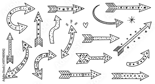Arrows hand drawn set with black curved lines, hearts, and stars, decorative and abstract designs. featuring vector, illustration, collection with