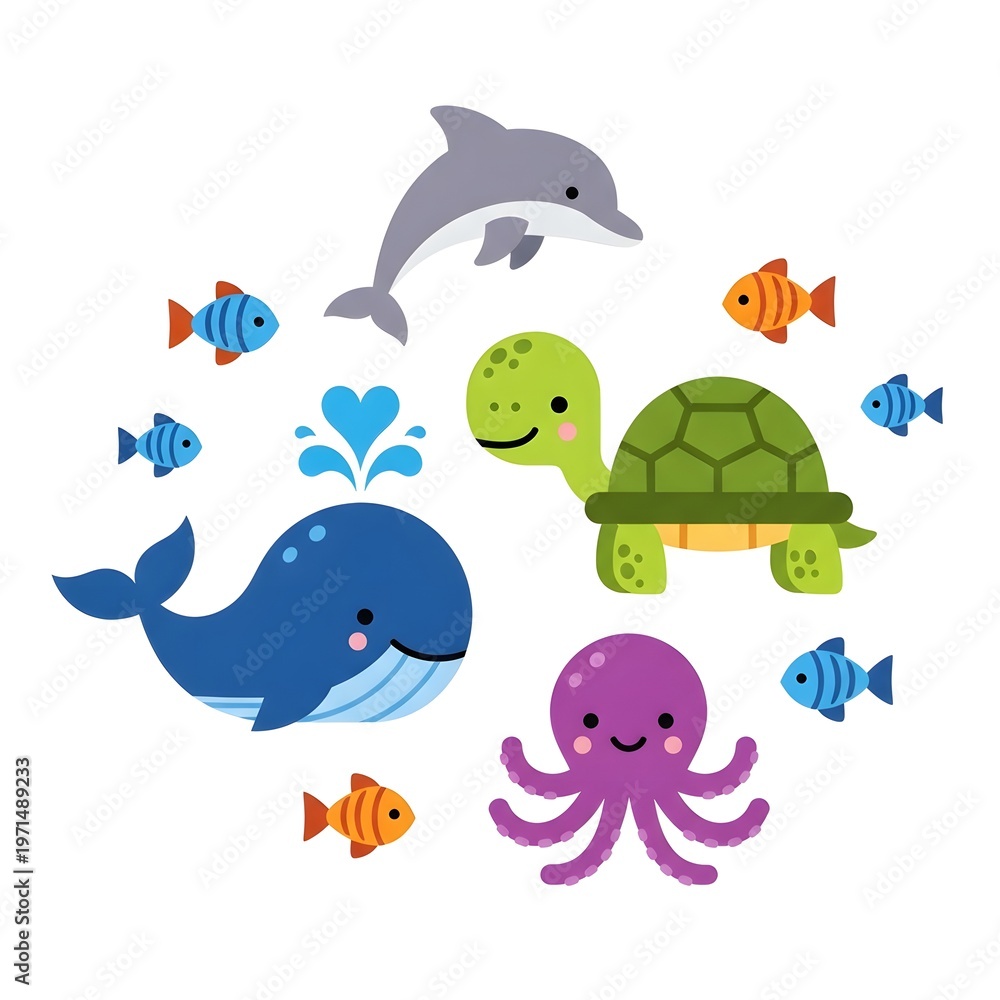 Fototapeta premium Cute cartoon sea animals including a whale, dolphin, turtle, octopus, and fish, arranged in a circle on a white background, perfect for children's illustrations.