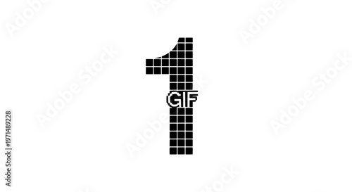 Number one GIF with black pixelated mosaic design and white text featuring graphic, icon, digital with animation and web elements for element, symbol