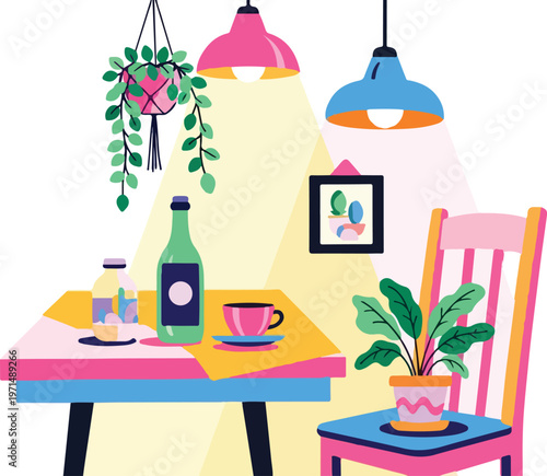 Colorful cafe interior, modern dining table, vector illustration, restaurant decor, pink blue accents