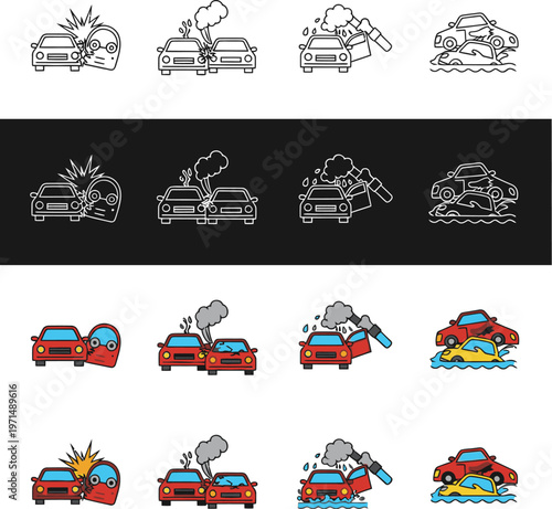 This vector graphic illustration displays multiple icons representing different types of car insurance claims and vehicle damage in various styles