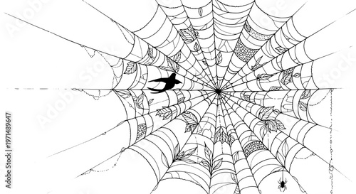 Web spider intricate with threads and patterns, black fly caught inside detailed cobweb featuring halloween theme, creepy crawlies, entomology with