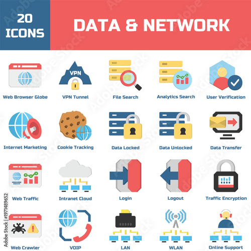 Data and Network Icon Set Flat Design Internet Technology Cloud Security Communication Collection