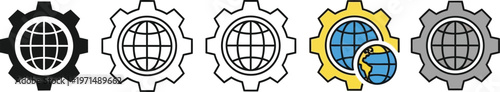 Diverse vector graphic illustrations of gear and globe icons, symbolizing global settings, international network configuration, and interconnected technological processes.