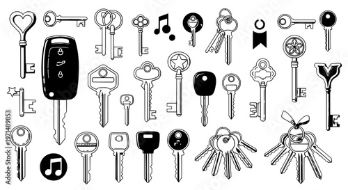 Keys set with various shapes and sizes including car keys and decorative designs in black and white.