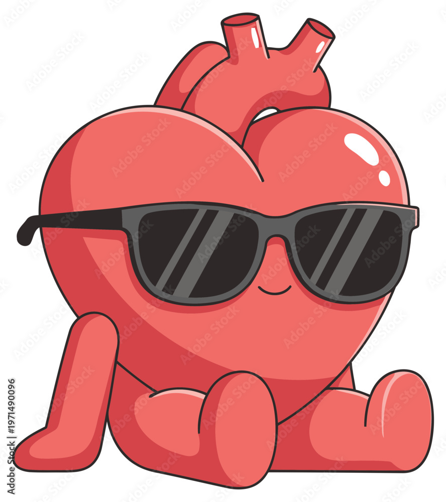 Naklejka premium Cool heart character wearing sunglasses in playful flat vector illustration style