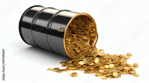 image of oil barrel with gold coins spilling out representing rising global oil prices and wasted money, copy space oil, barrel, gold, coins, spilling, rising, global, prices, wasted, money, 