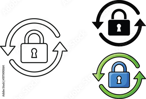 A set of vector illustration designs featuring a secure padlock icon surrounded by circular rotating arrows for professional digital security concepts