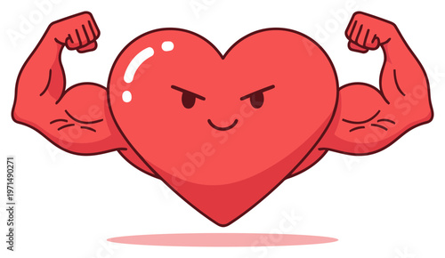 Strong heart character flexing muscles in cute flat vector illustration style design