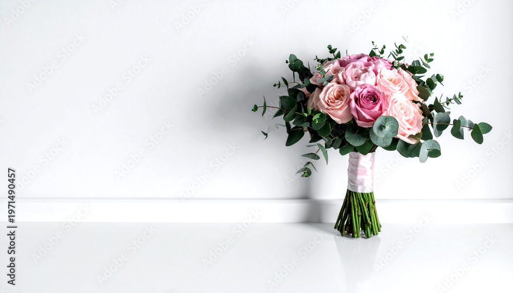 Fototapeta premium Elegant pink rose bouquet with eucalyptus on a white background
