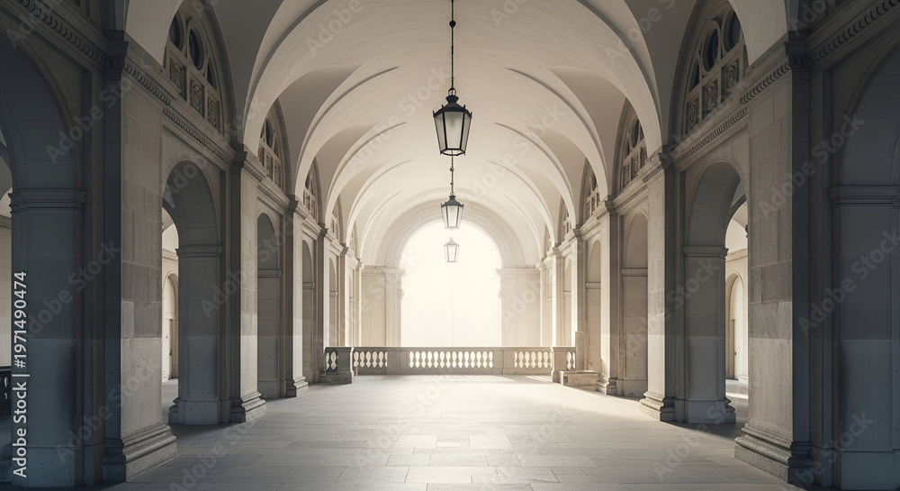 Obraz premium Arched stone corridor in historic building, natural light illuminates hallway, ornate architecture, elegant and timeless, perfect for travel or historical concepts
