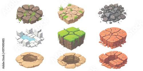 Isometric game environment tiles set featuring various ground terrain textures for strategy or simulation video game design