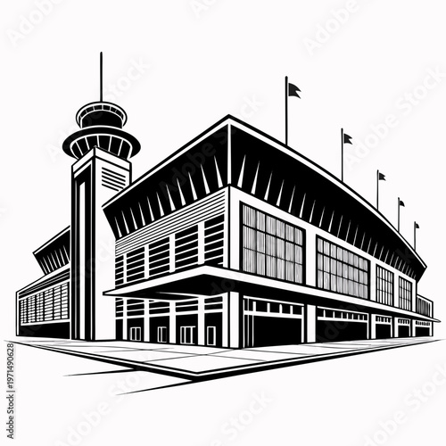 convention center building silhouette with modern architecture, large event venue vector icon, minimal flat design isolated on white background