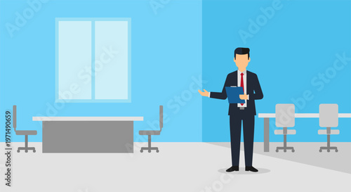 Businessman presenting in modern office interior with blue walls and gray furniture in flat design for corporate branding
