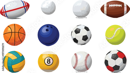 Sports Ball Icon Set Featuring Football, Basketball, Soccer, Tennis, Baseball, Volleyball, Bowling, Billiard, and Rugby Balls for Game and Fitness Design
