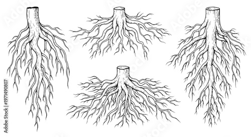 Roots tree stump cut off with exposed root system in various orientations and shapes, drawn in a sketchy line art style