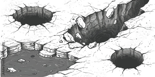 Cracked earth surface with deep holes and rubble vector illustration in a bold comic book style
