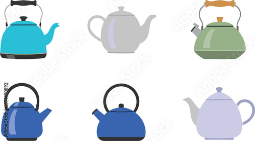 Teapot and Kettle Illustration Set Featuring Classic and Modern Kitchen Teaware Designs in Minimal Flat Style Isolated on White Background
