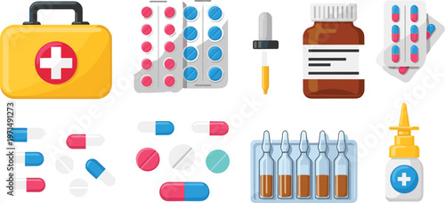 Medical Kit and Medicine Collection Featuring Pills, Capsules, Syringes, and Healthcare Equipment for Treatment Illustrations