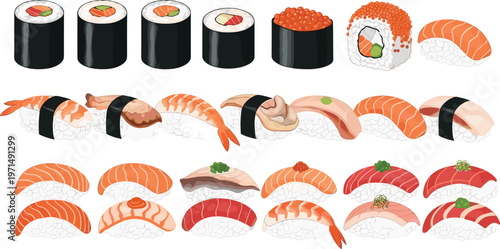 Sushi Collection Featuring Nigiri, Rolls, and Seafood Toppings for Japanese Cuisine and Food Illustrations