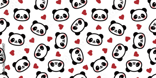 かわいいパンダの顔とハートのシームレスパターン｜動物キャラクター背景素材　Cute Panda Face and Heart Seamless Pattern / Animal Background
