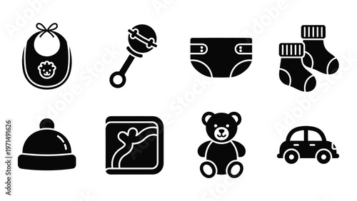 A collection of simple black silhouette icons depicting baby essentials toys and items associated with infancy high quality professional detailed modern