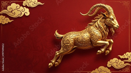 luxury red and gold chinese horse new year background 2027 new year with copy space for text celebrating the Chinese Zodiac, featuring a shimmering gold ram symbolizing